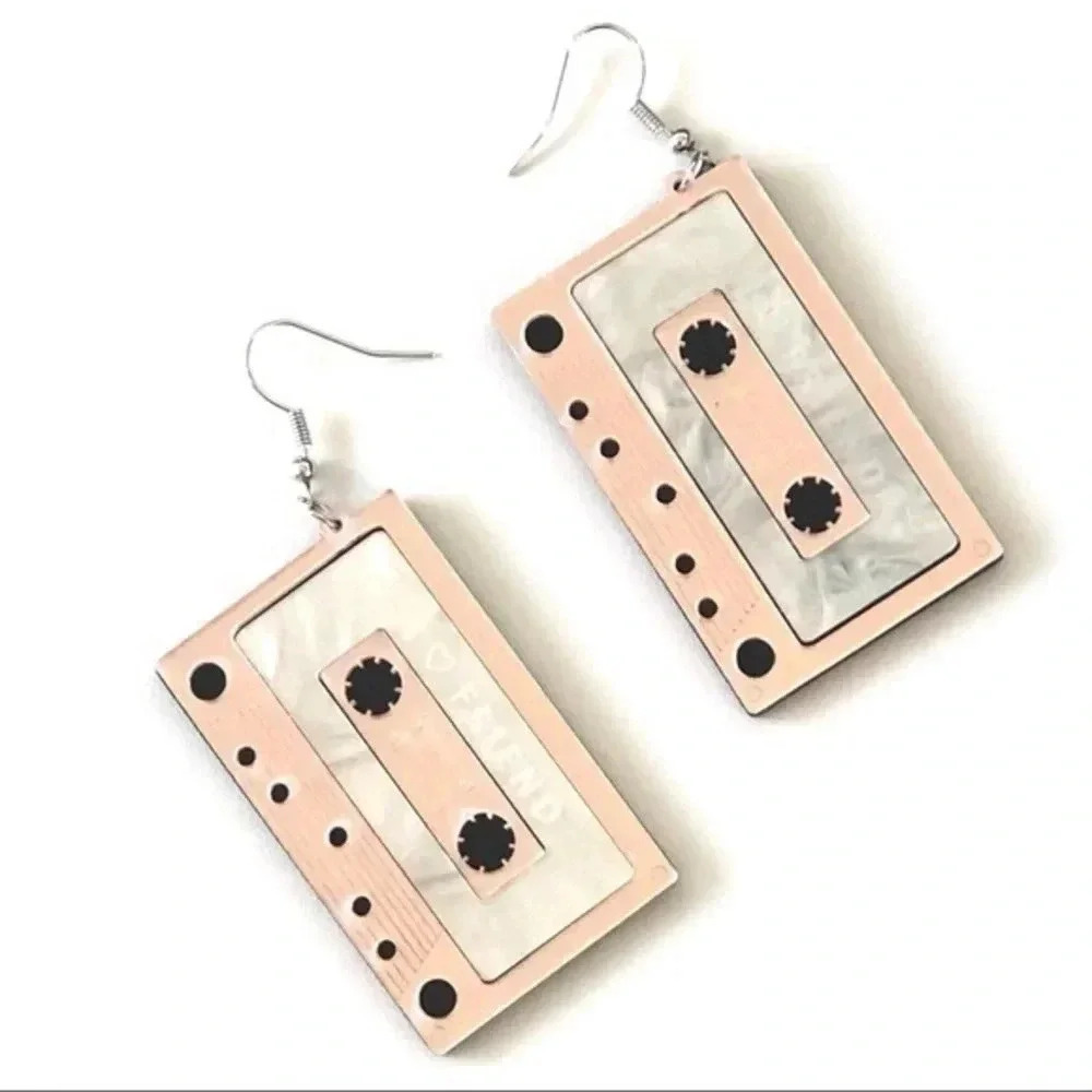 Rose Gold 80’s Retro Cassette Tape Drop Earrings NWT